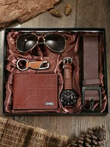 Men's Fashion Casual Watch Accessories Set 5pcs, Includes Sunglasses Wallet Belt Keychain, Perfect for Daily Party Birthday Christmas Gifts