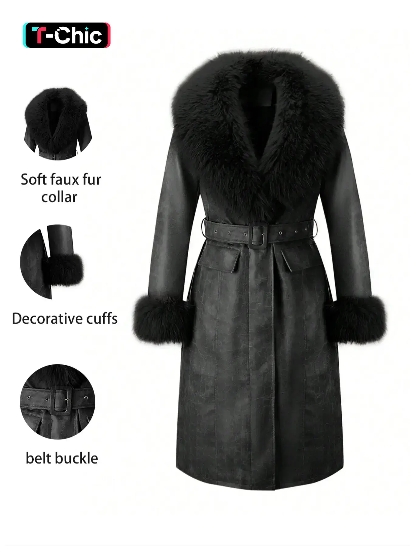 Women's Fall Winter Long Faux Fur Coat, Vintage Style Casual Puffer Jacket with Large Collar and Belt, Elegant Plain Design
