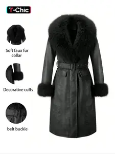 Women's Fall Winter Long Faux Fur Coat, Vintage Style Casual Cotton Woven Fitted Jacket with Large Collar and Belt, Elegant Plain Design Outerwear