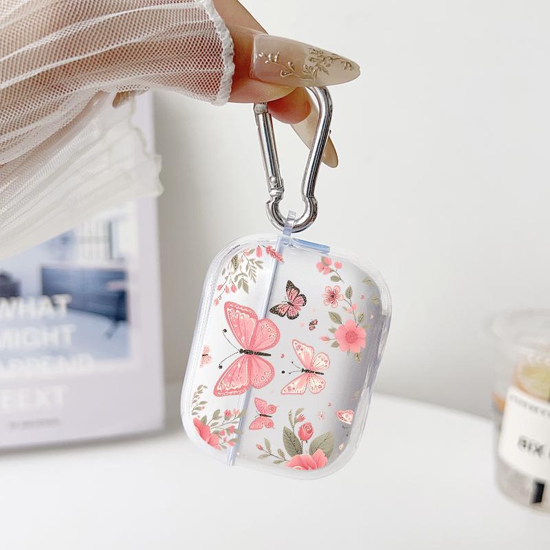 Butterfly Floral Dream Pattern TPU Soft Protective Case for Apple AirPods 4/3/2/1/Pro/Pro2 Transparent Earphone Cover with Keychain Attachment