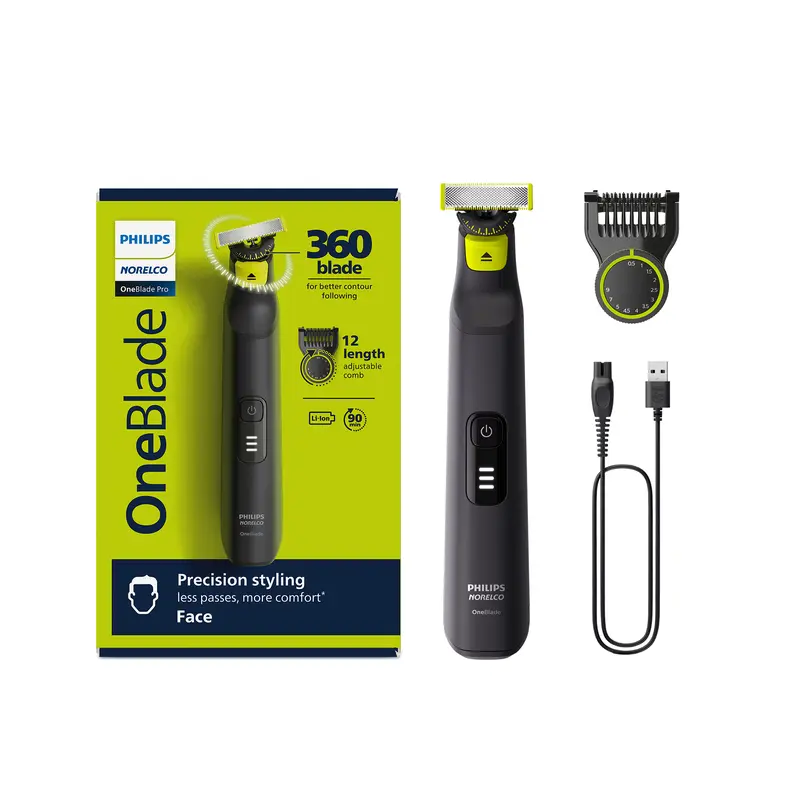 Philips Norelco OneBlade 360 Pro Hybrid Electric Trimmer Shaver, Comb-Equipped Dry Shaver, Cordless Waterproof USB Rechargeable Facial Razor