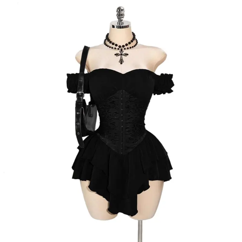 chinese dress ladies Off-Shoulder Tiered Ruffle Mesh Long Sleeve Mini Dress main image 0