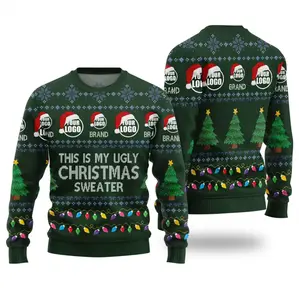 Funny “This Is My Ugly Christmas Sweater” Holiday Pullover | Classic Green Knit Xmas Sweater with Lights & Trees for Men & Women