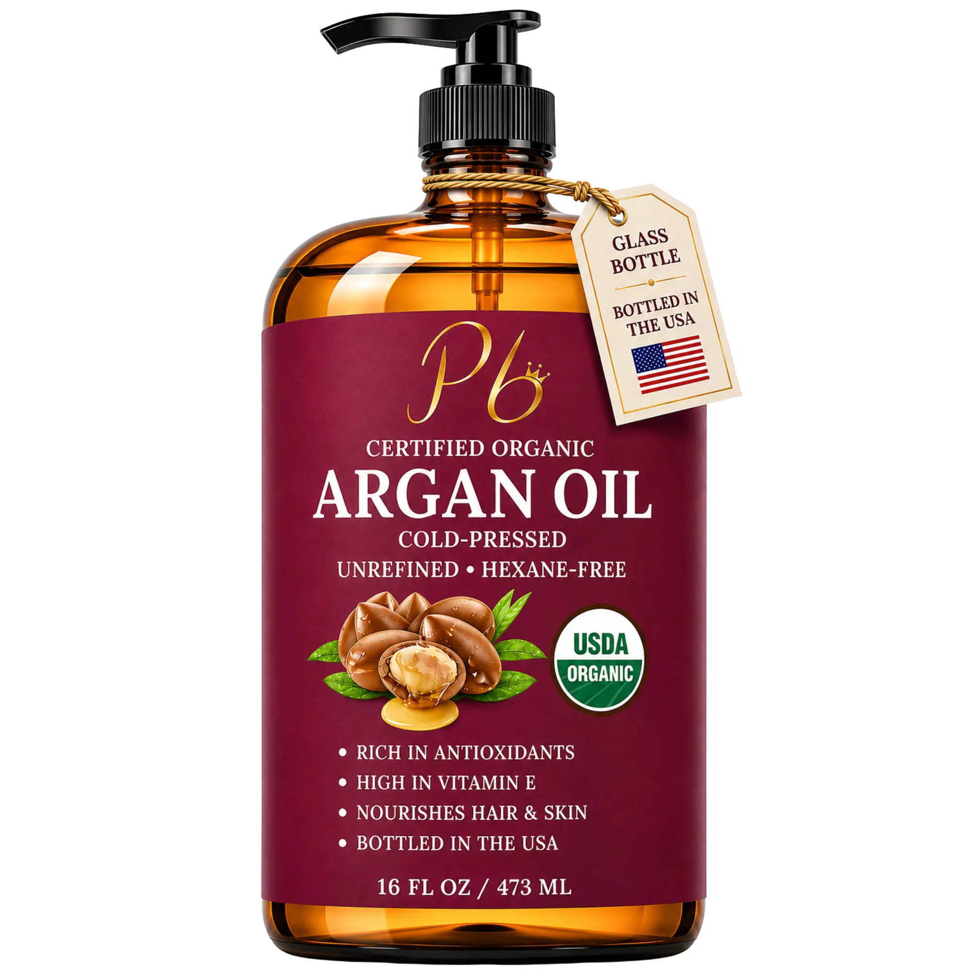 Pomberries USDA Organic Argan Oil 16 fl oz – Cold-Pressed, Unrefined Moroccan Argan Oil for Hair & Skin – Glass Bottle with Pump