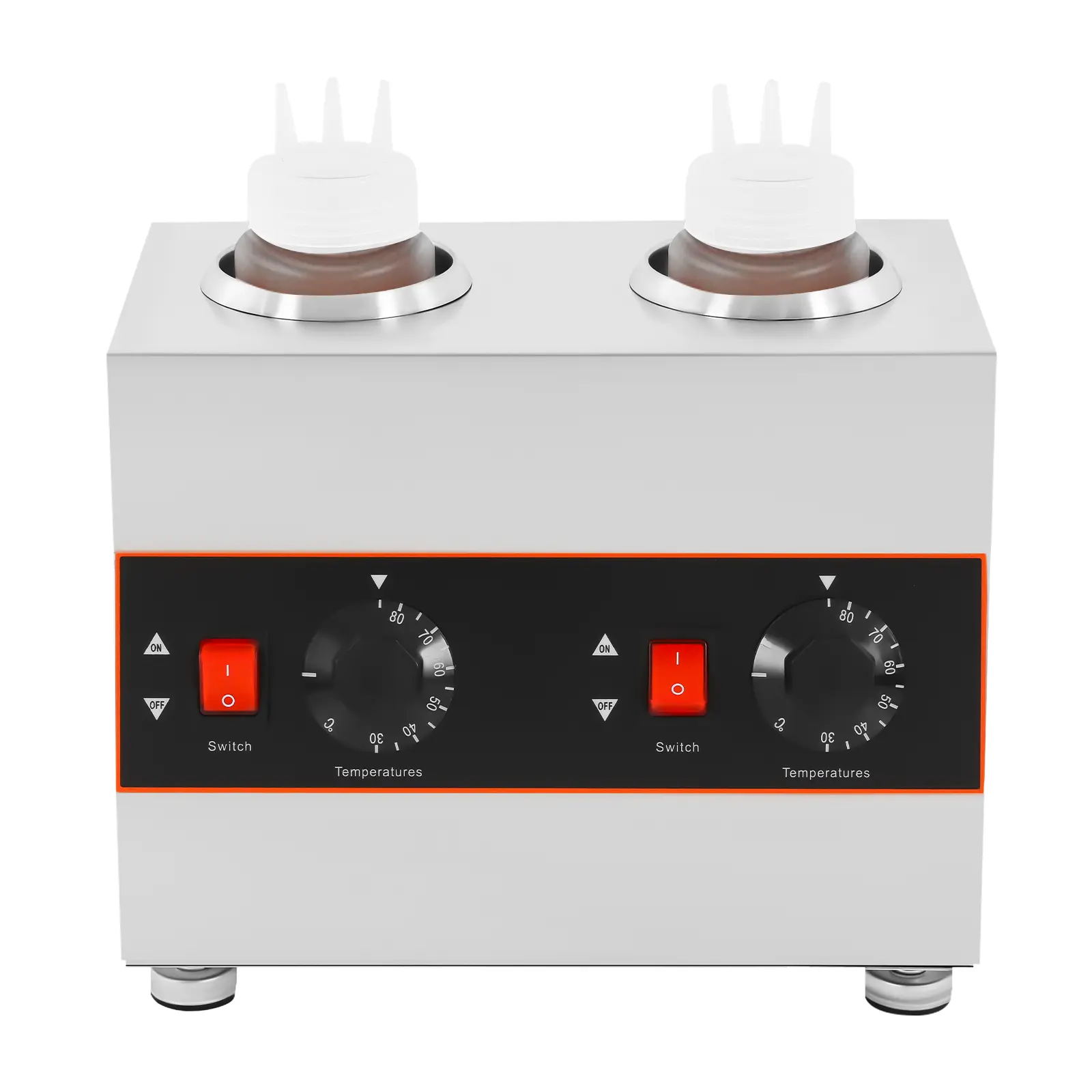 Dual Bottle Sauce Warmer 201 Stainless Steel 30-85℃ Adjustable Temp 650ml x2 Capacity Water/Dry Heating 320W Non-slip Feet Hotel Restaurant Cake Shop Chocolate Cheese Sauce Household Appliances Thermo Pot