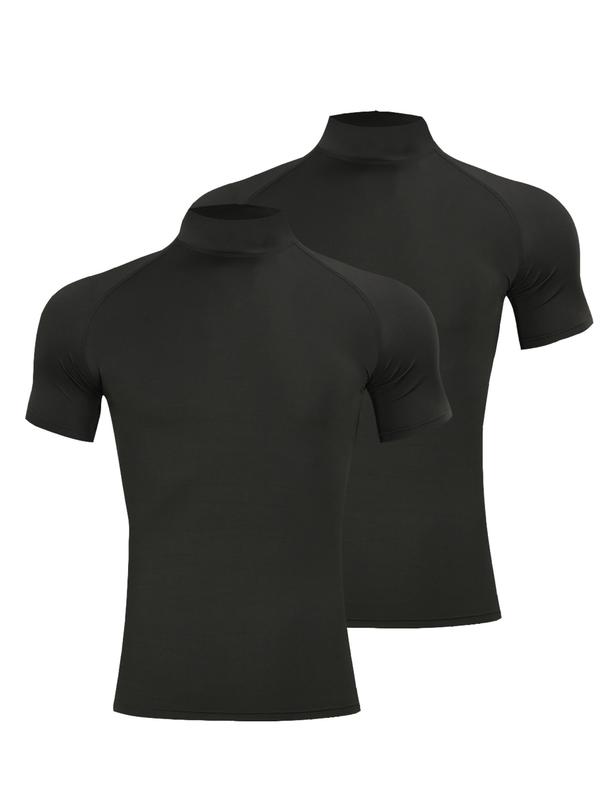 2 Pack Men’s Mock Turtleneck Compression Shirts Short Sleeve, Moisture Wicking Tights Base Layer Undershirt Sports T-Shirt, Gym Running Athletic Muscle Shirts Workout Tops, Compression Sportswear
