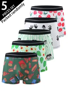 Men's 5-Piece Boxer Briefs Set, Fashionable Cartoon Print, Soft Comfort High Elasticity Thin Underwear Shorts, All Seasons
