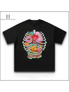 Playful Sweet Skeleton Tee, Candy Ribcage Print Black T-Shirt,Trendy Daily Wear Streetwear