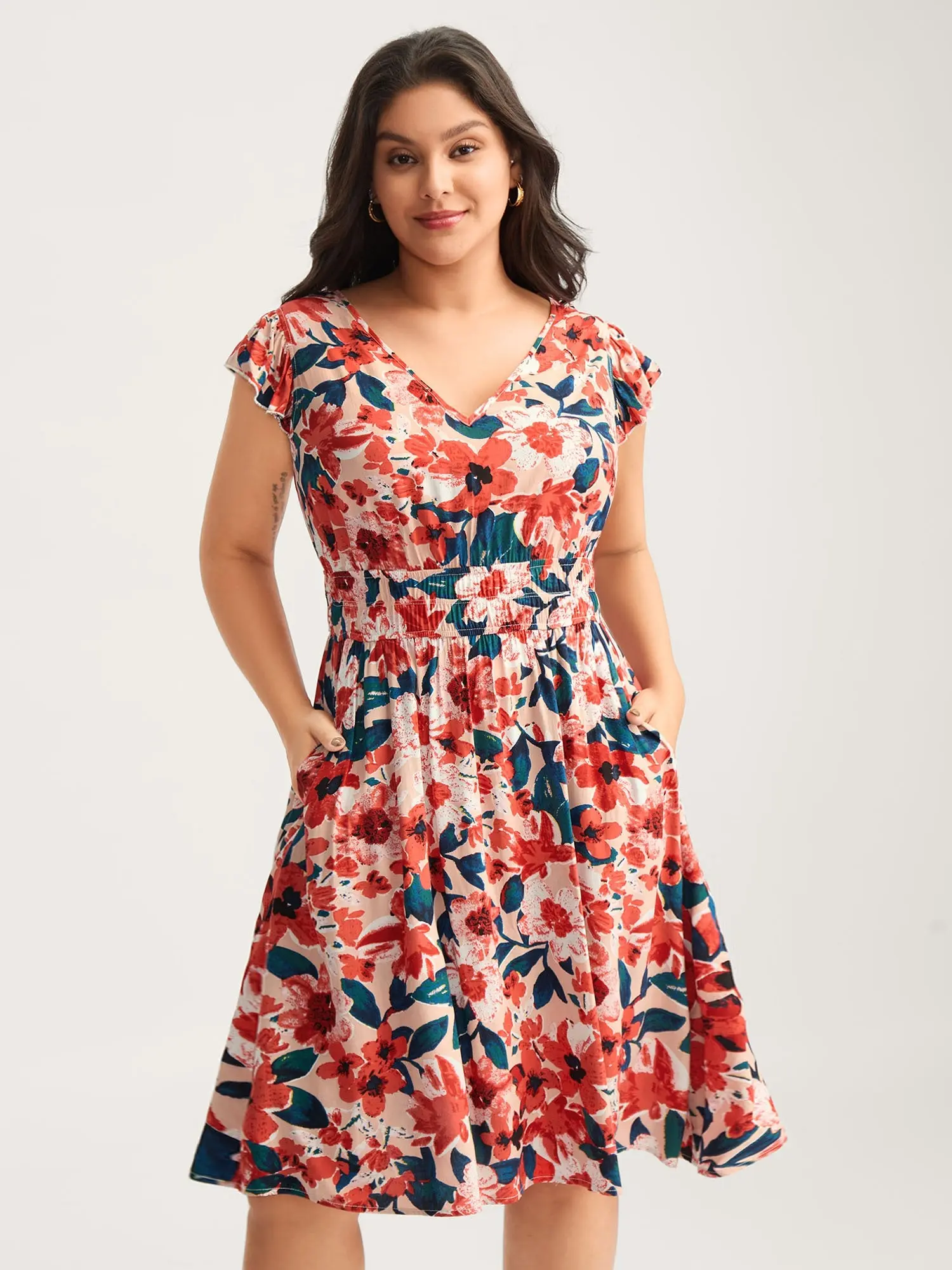 BLOOMCHIC Women's Coral Flower-Themed Cap Sleeve Casual Dress - 2 Pockets, Figure-Flattering, Loose-Fitting, Functional, Classy Boho Midi, Summer Casual Wear, Swimweek Outfits, Figure-Flattering Casual Dresses,Summerfinds