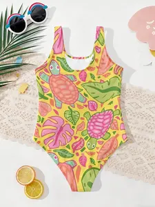 Trendy Girls' Tropical Turtle Leaf Print 3D Swimsuit, Base Colorblock Sleeveless One-Piece, Perfect for Vacation and Gifts, Patterned Swimsuit, Summer Swimwear