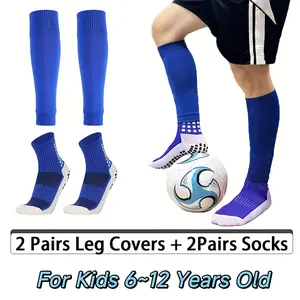 Youth 4-Pair Mid-Calf Soccer Socks with Leg Sleeves, Breathable Compression Athletic Socks, Non-Slip Cushioned Towel Bottom, Knit Polyester-Spandex Blend, All-Season Outdoor Sports Wear for Ages 12 and Under Football, Breathable Compression Socks
