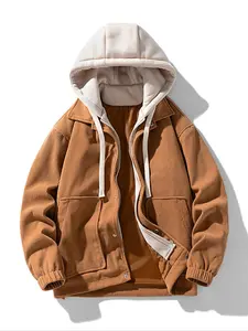 Men's Colorblock 2-in-1 Hooded Jacket, Button Front Zip Up Outerwear with Drawstring, Fall Winter Casual Coat, layering piece, essential piece, trendy style, everyday wear, must have item, wardrobe staple
