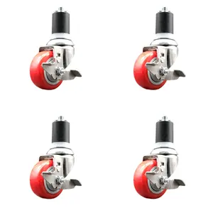 212 MAIN Lockable Polyurethane Swivel Stem Caster, 3.5 in. Red Wheels, 1.75 in. Expanding Stems, 316 Stainless Steel (SCC-SS316EX20S3514-PPUB-RED-TLB-134-4) - Set of 4, Lockable Wheels