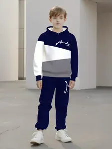 Boys' 3D Simple Patchwork Print Sportswear Set, Hoodie and Casual Pants, Spring & Fall School Season, Outdoor Activities, Ages 13 and Below, Athletic Tracksuit, Sport Clothing