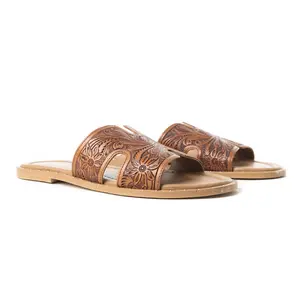 Myra Carmina Anne Tan Embossed Leather Slip-On Sandals for Women â€“ Western H-Cut Slides with Studded Trim