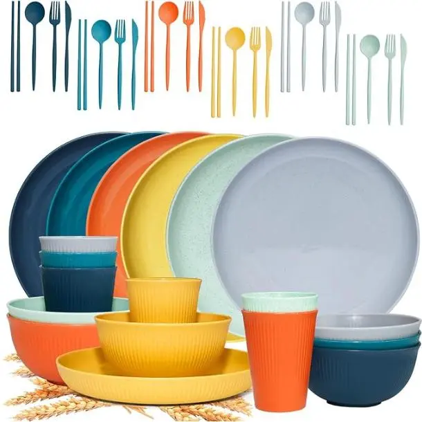 [New Deal] 42Pcs Modern Wheat Straw Dinnerware Set, Unbreakable Plates and Bowls with Cutlery, Eco-Friendly, Dishwasher and Microwave Safe Tableware