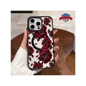 MagSafe Case For IPhone 16 Pro Max 15 Plus 14 13 12 11 XR E XS Velvet Rose Acrylic Transparent All Coverage Support Wireless Charging Cell Phone Cover Gift For Girl