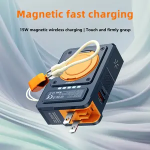 Magnetic Power Bank, 10000mAh Capacity, 22.5W Power, 5-in-1 Multifunctional. Includes built-in PD fast charging cable, phone stand, MagSafe-compatible AC socket and 15W wireless charging function. Perfect for charging watches, earbuds and mobile phones.