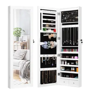 LED Light Cabinet Lockable 47.3" H Wall/Door Mounted Jewelry Armoire Organizer with Mirror, 2 Drawers