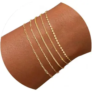 Gold Bracelets for Women, Trendy Adjustable 14K Gold Plated Stackable Link Bracelet, Dainty Thin Paperclip Chain Bracelets Stack Set