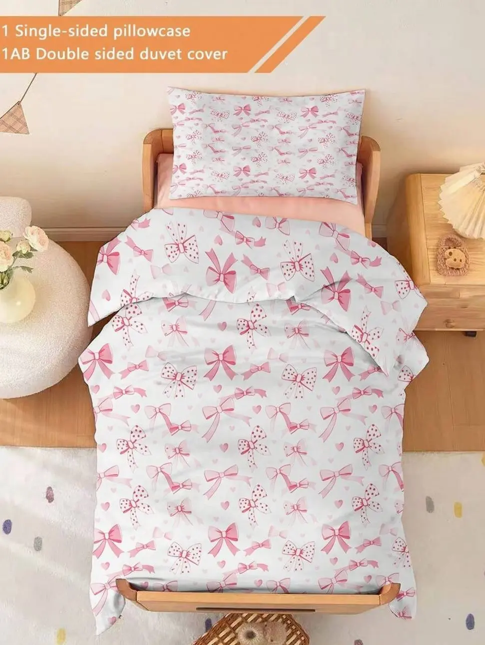 Pink Bow Print Bedding Set, Cute Heart Duvet Cover with Matching Pillowcase for Girls Bedroom and Coquette Room Decor