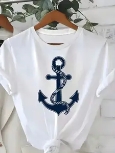 Women's Nautical Anchor Graphic T-Shirt - White  Maritime Tee, Soft Breathable Fabric For Beach, Boating, Everyday Casual Fits -  Lightweight Tee, Stylish Blouse, Sailor Style LoversLoose And ComfortableComfortable Casual Tops