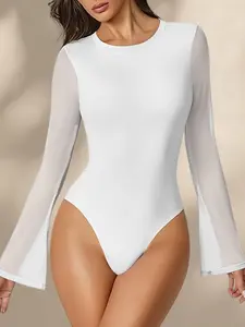 1 Count Women's Sheer Mesh Long Bell Sleeve Bodysuit, Solid Color Round Neck Flare Sleeve Bodycon Jumpsuit, Breathable Semi Transparent Skin-Friendly Comfort Tops, Tight-Fitting Body Contouring Stylish Tee for Ladies, Ideal for Parties & Clubwear