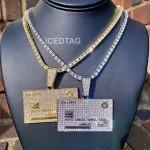 Iced Hip Hop Credit Card Pendant, Luxury Diamond Tennis Necklace Chain Daily Male Metal Coating Birthday