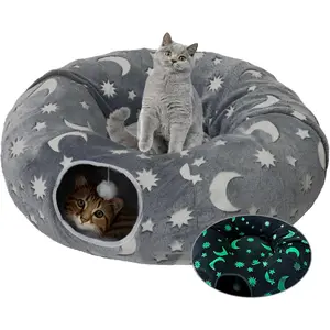Tunnel Bed for Indoor Cats with Washable Cushion  Cave Donut Tunnel with Fluffy   Round Tube Pet Playground Toys Soft Plush Peekaboo for Kitten, , Puppy, , Ferret(Moon Star)