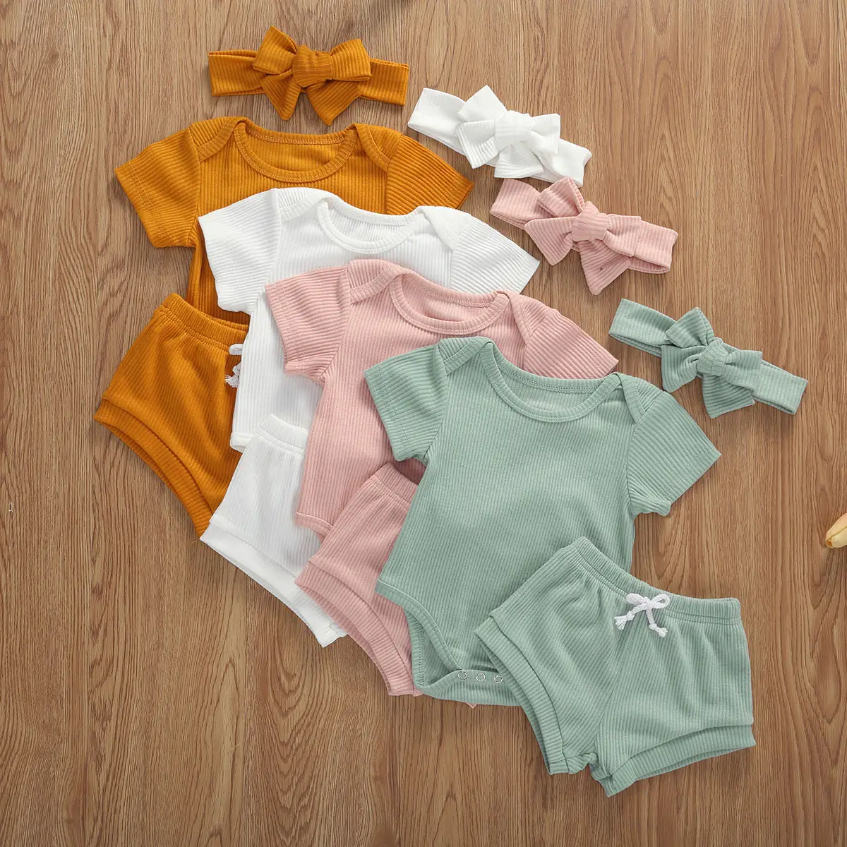 3PCS Infant Baby Girl Summer Clothes Set Newborn Ruffle Ribbed Romper Solid Color Bodysuit Shorts Headband Outfits