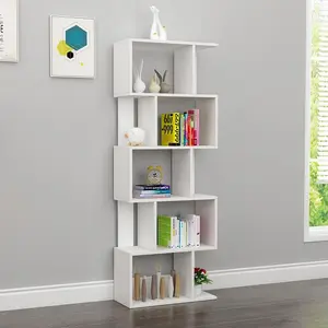 DFW 5-Tier Geometric Storage Shelf - S Shaped Bookcase, Freestanding Room Divider, Industrial Home Office Decor, Wood Open Storage Display Shelf for Living Room, White