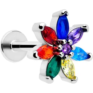 16G 1/4 Red Blue CZ Gem Rainbow Flower Cartilage Labret
