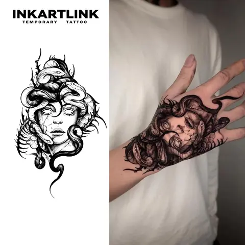 INKARTLINK Semi Permanent Tattoo Tech - 2 Sheets Extra Large Durable Tattoo Art for Adults, Waterproof, Realistic Look, No Adhesive, No Reflection, Lasts 1-2 Weeks (Medusa) for All Occasions