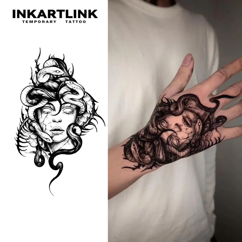 INKARTLINK Semi Permanent Tattoo Tech - 2 Sheets Extra Large Durable Tattoo Art for Adults, Waterproof, Realistic Look, No Adhesive, No Reflection, Lasts 1-2 Weeks (Medusa) for All Occasions