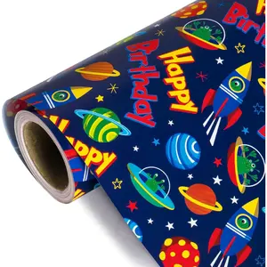 Space Birthday Wrapping Paper Roll - Mini Roll - 17 Inch x 33  - Rocket and Happy Birthday Design,  for  Girls Boys Bday, Space Lovers