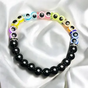 Protection Bracelet. Multicolored Evil Eye & Black Tourmaline 8 mm bead stretchy bracelet with multicolored cz spacers.  Crystal Fashionable Jewelry