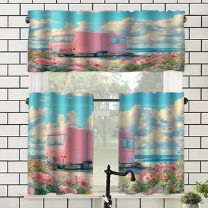 JOYFINITY 1pc/2pcs Modern Coastal Beach Window Curtains with Pink Camper Van & RV Design - Turquoise Blue Semi-Sheer Panels for Kitchen, Living Room, RV/Camper Van - Rod Pocket Curtain Panels (Air-Dry) - Vintage Camper Van Decor