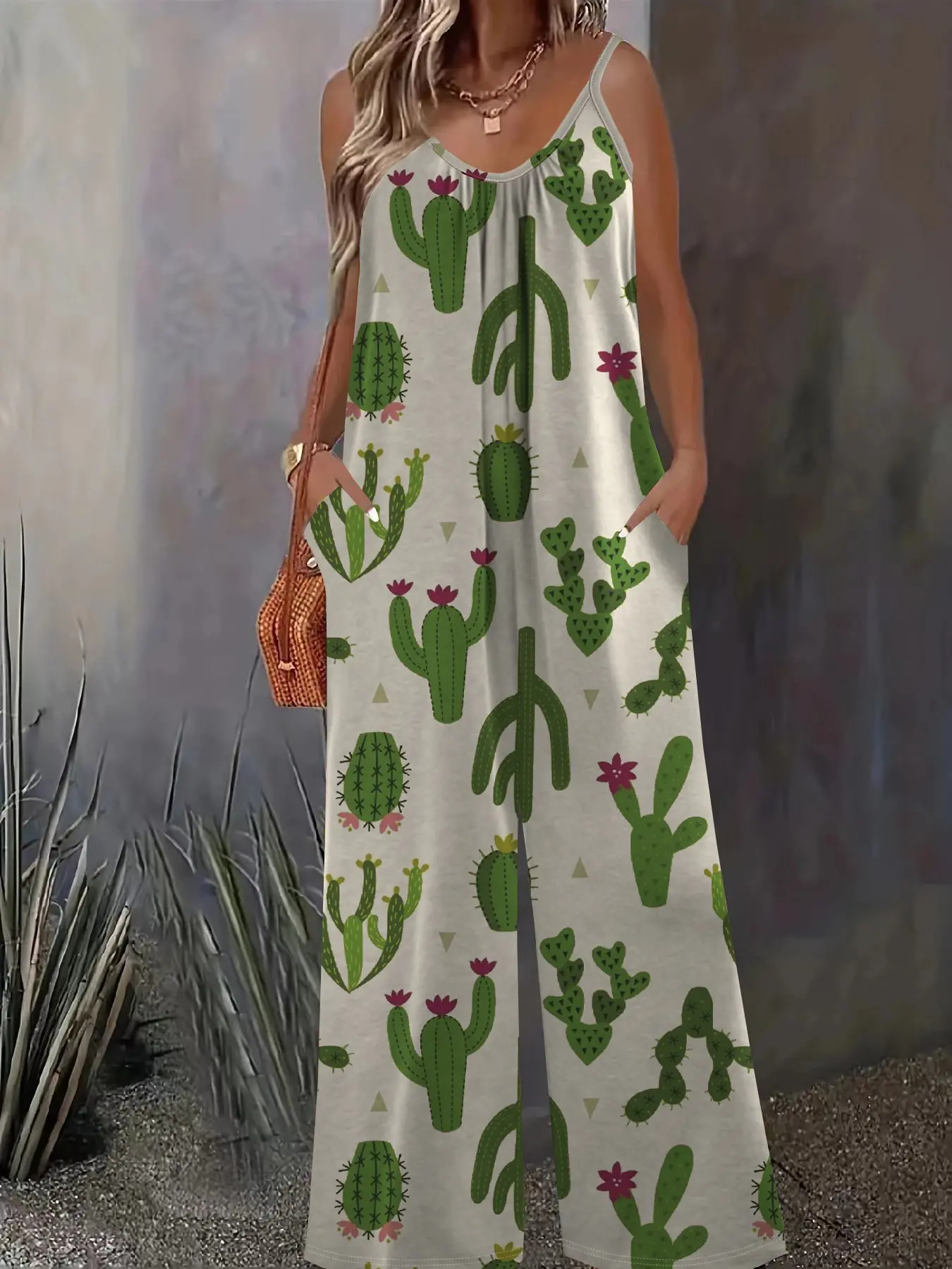 Summer Bestseller Cactus Print V-Neck Sleeveless Wide Leg Romper, Casual Loose-Fitting Oversize Baggy Design with Pockets, Trendy Women's Vibe, Casual Jumpsuit