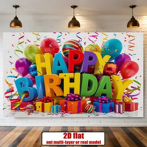 1PC,2D Flat Happy Birthday Party Backdrop, Colorful Balloons & Gifts Theme Photography Background Cloth, Backdrop for Kids & Adults Party Decoration, Photo Prop Banner