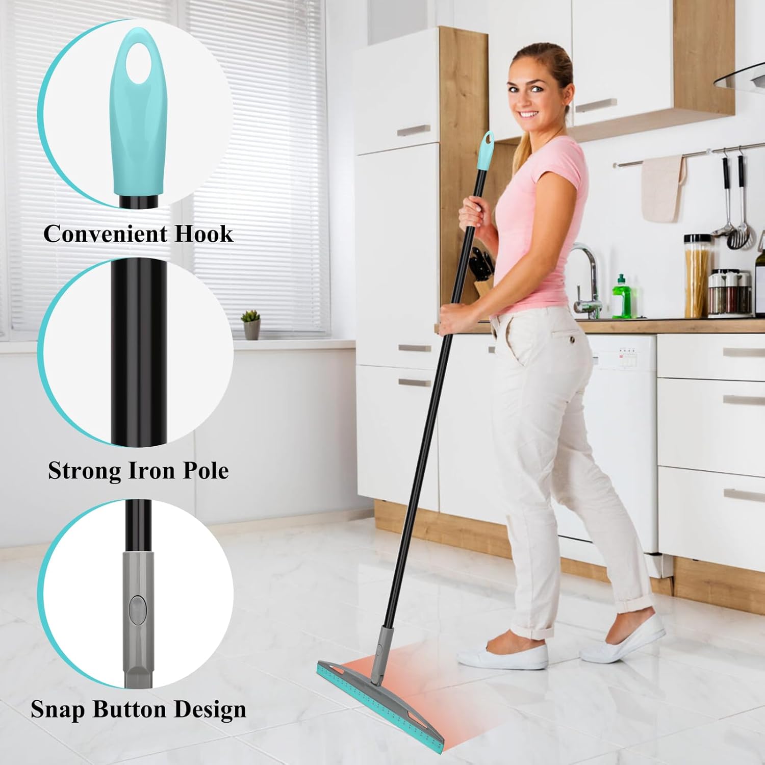 Multifunction Magic Broom, Silicone Floor Squeegee Broom with 59" Long Handle, Scraping Broom for Floor Bathroom Kitchen Shower Tile Pet Hair Fur Marble Glass Water Window Foam Cleaning, Blue