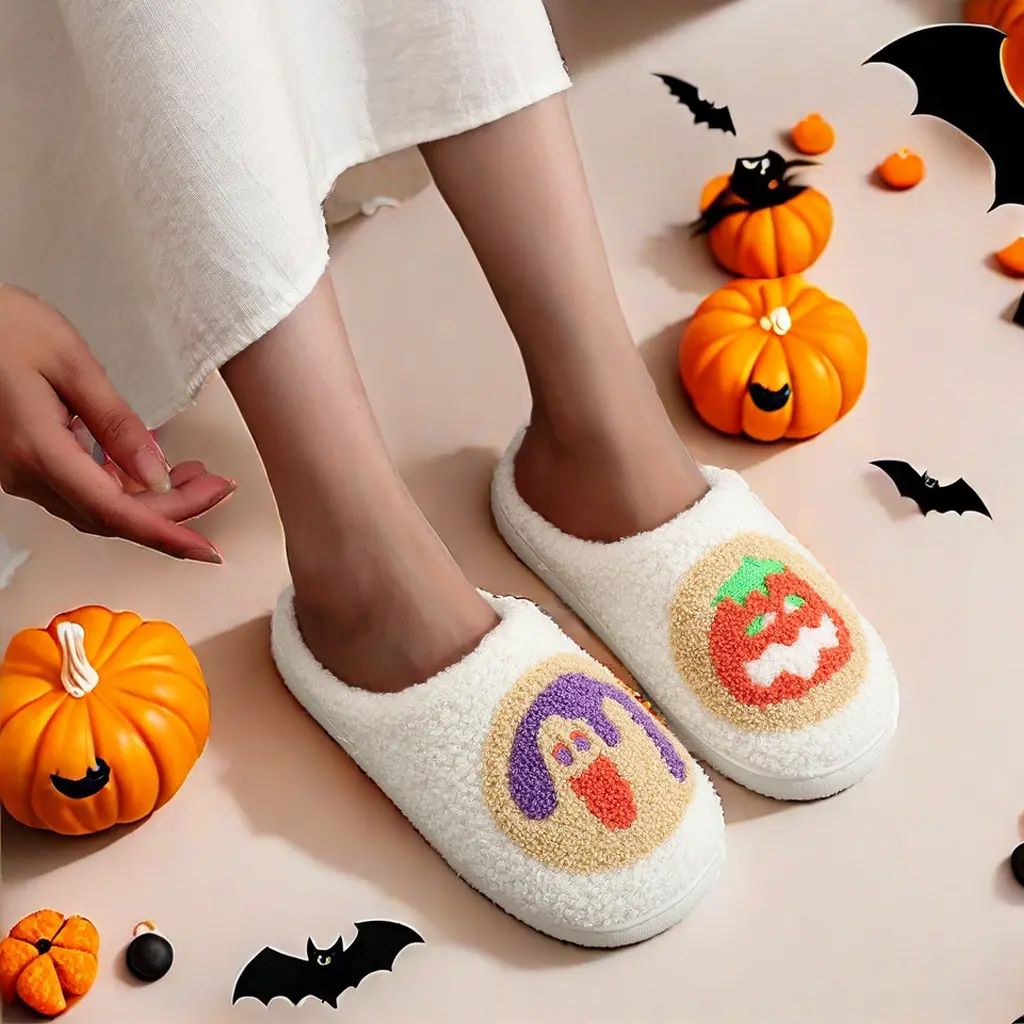 Halloween Ghost Pumpkin Fuzzy Slippers Unisex Warm Plush Non Slip Winter Indoor Couple House Shoes