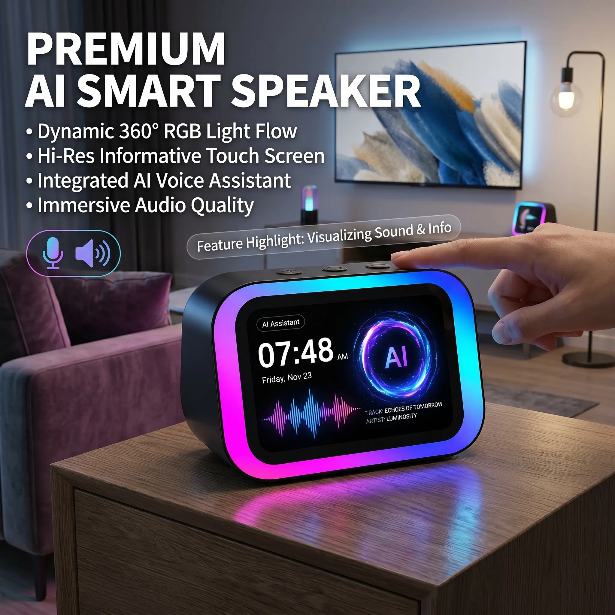 Black Stylish Digital Alarm Clock, Smart Voice Assistant & Weather Display, Large Screen Multi-Purpose Room Clock, Practical Desktop Clock for Home Office