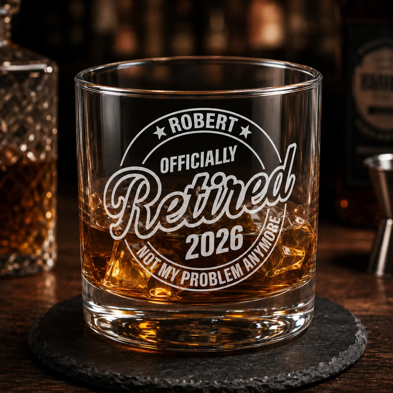 Officially Retired Not My Problem Anymore, Personalized Whiskey Glass, Personalized Retirement Whiskey Glass, Custom Retirement Whiskey Glass, Funny Retirement Gift for Women, Retirement Gift for Her, Happy Retirement  Whiskey Glass