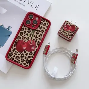 6 Piece Set Leopard Print Cherry Phone Case, Charger Head Cover, Cable Protector, Storage Rope, Data Line Protection, Fits iPhone 6-17 Pro Max