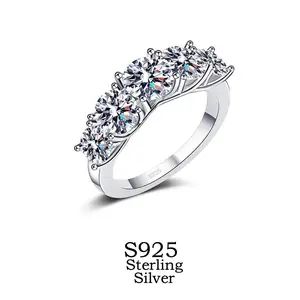 Luxury 5-Stone Zirconia Ring for Women | Sparkling Pave S925 Sterling Silver Bridal Set | Unique 4-Prong Setting Anniversary Engagement Gift for Her