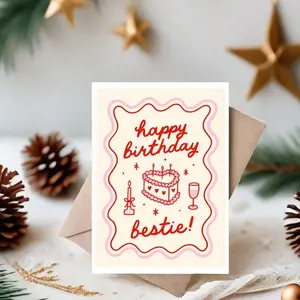 1 Warm Birthday Card with Funny Love Poem, Pink and White Design - Ideal Spring Birthday Gift for Best Friends, Best Friends Birthday Card | Charming Aesthetics | Paper Card