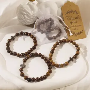 Natural wood bead cross bracelet chicken wing wood retro rosary bracelet