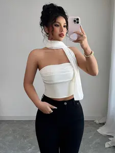 【2026 Valentine's Day】Women's Elegant Ruffle Sheer Strapless Sleeveless Halter Top, Perfect for Valentine's Day & Date Night, Trendy Party Wear