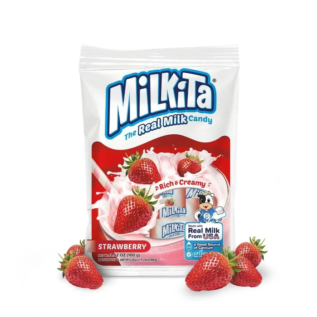 Milkita Real Milk Snack Candy, Sweet Strawberry-Flavored Treat with Condensed Milk, Cream, FD&C Red 3, Fully Hydrogenated Coconut Oil (Tree Nuts), 100g