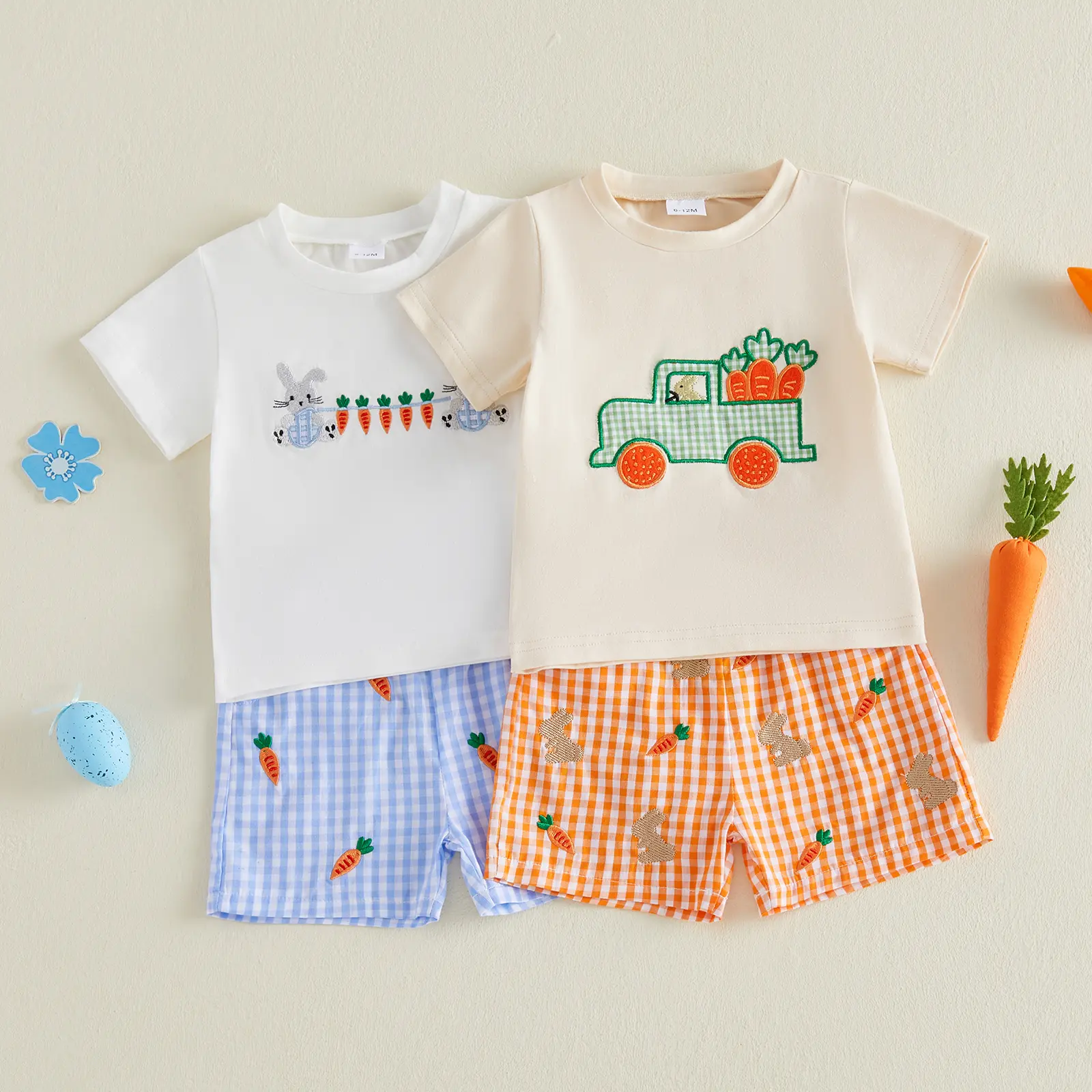 Toddler Baby Little Boys Easter Shorts Set Short Sleeve Embroidery T-shirt with Plaid Shorts Clothes Summer Outfit 0-4 Years